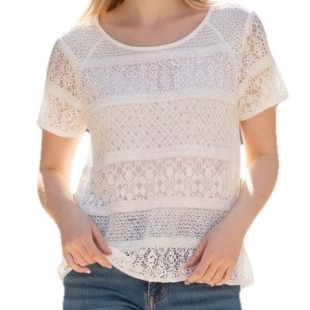 Sheer Lace Top Womens XS Ivory Short Sleeve Boho Mesh Back Romantic Blouse Twee